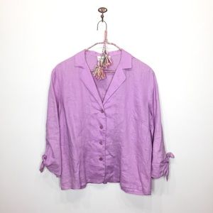 Rena Rowan 100% Linen Violet Purple Collared Button Down Shirt Tie Sleeve 10